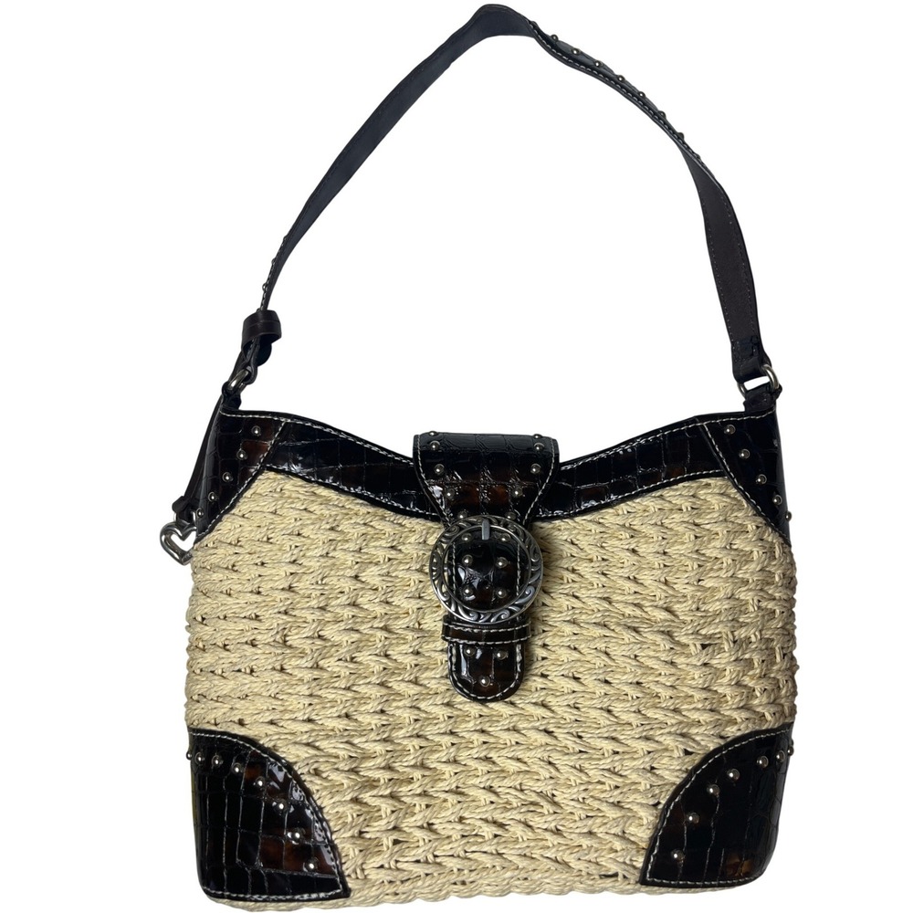 Authentic Brighton Straw Embossed Leather Studded Shoulder Bag